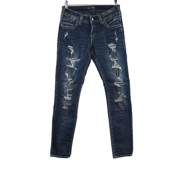 Silver Suki Mid Pencil Skinny Jeans Womens 30/31 Dark Wash Distressed Denim - Picture 1 of 13
